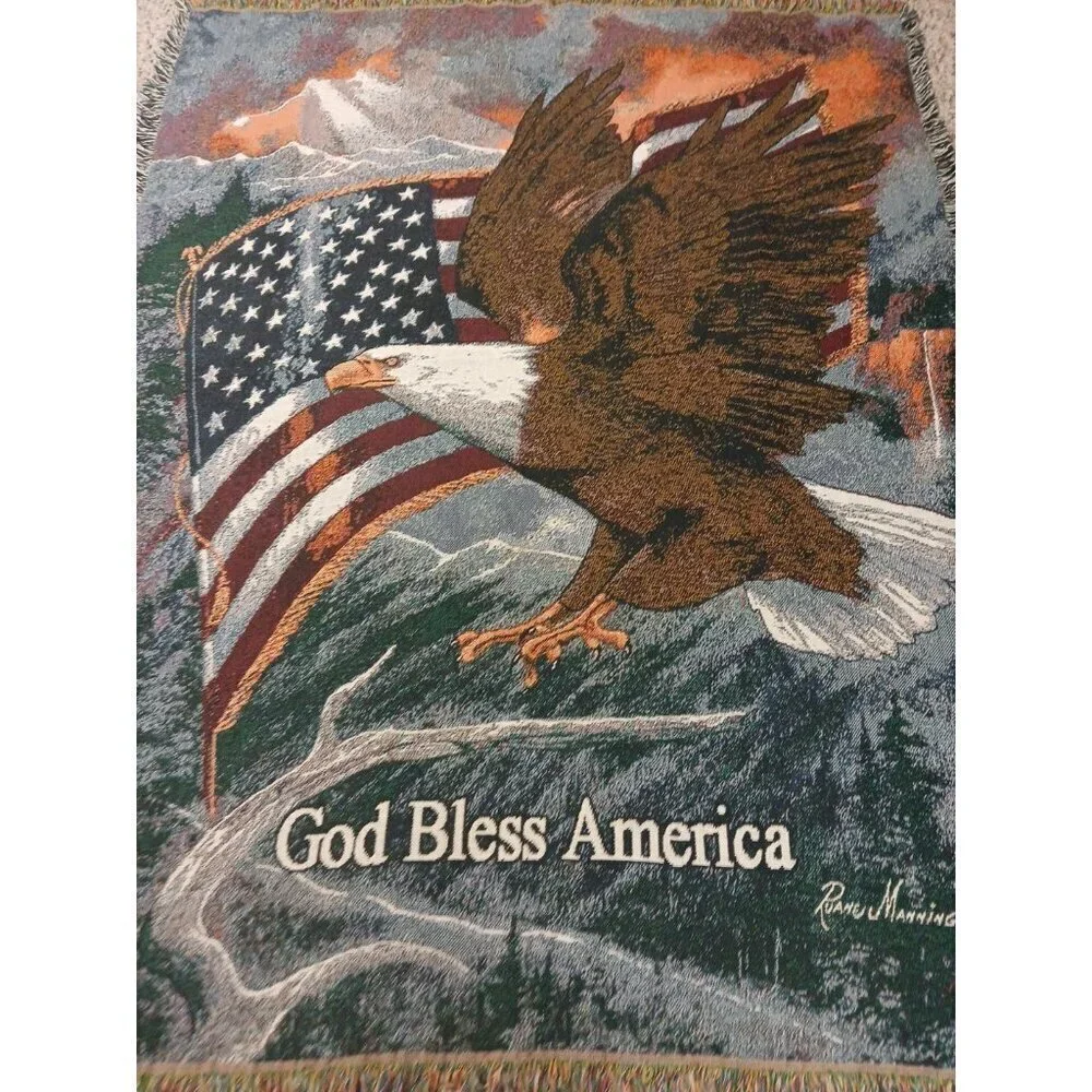 Bald Eagle Blanket Tapestry Ruane Manning Art Throw  American Flag 69”x 54